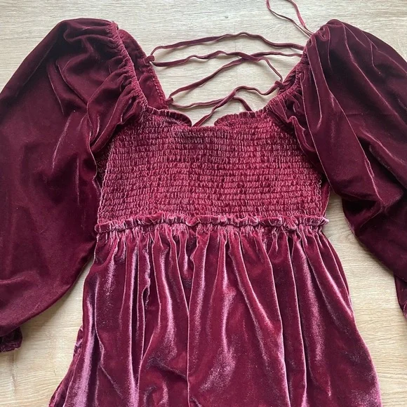 Free People Velvet Mini Dress Burgundy Puff Sleeve Lace Up Back S cottage boho - Picture 4 of 8